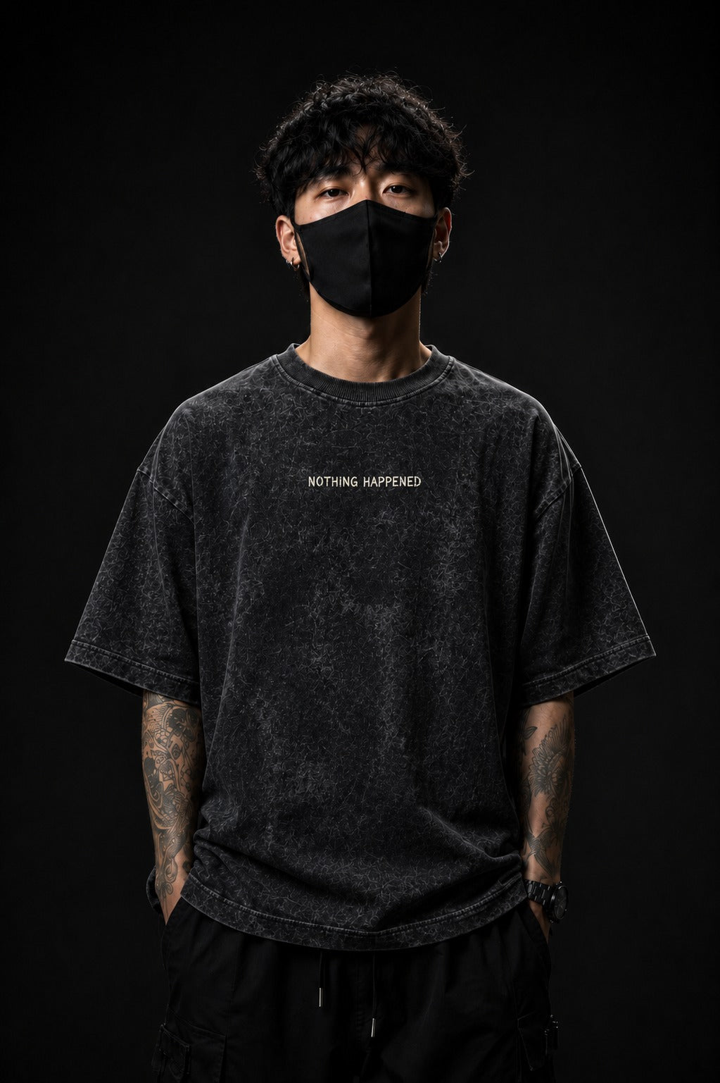 NOTHING HAPPENED - 240 GSM Black Crackle Acid-Wash Oversized Tee