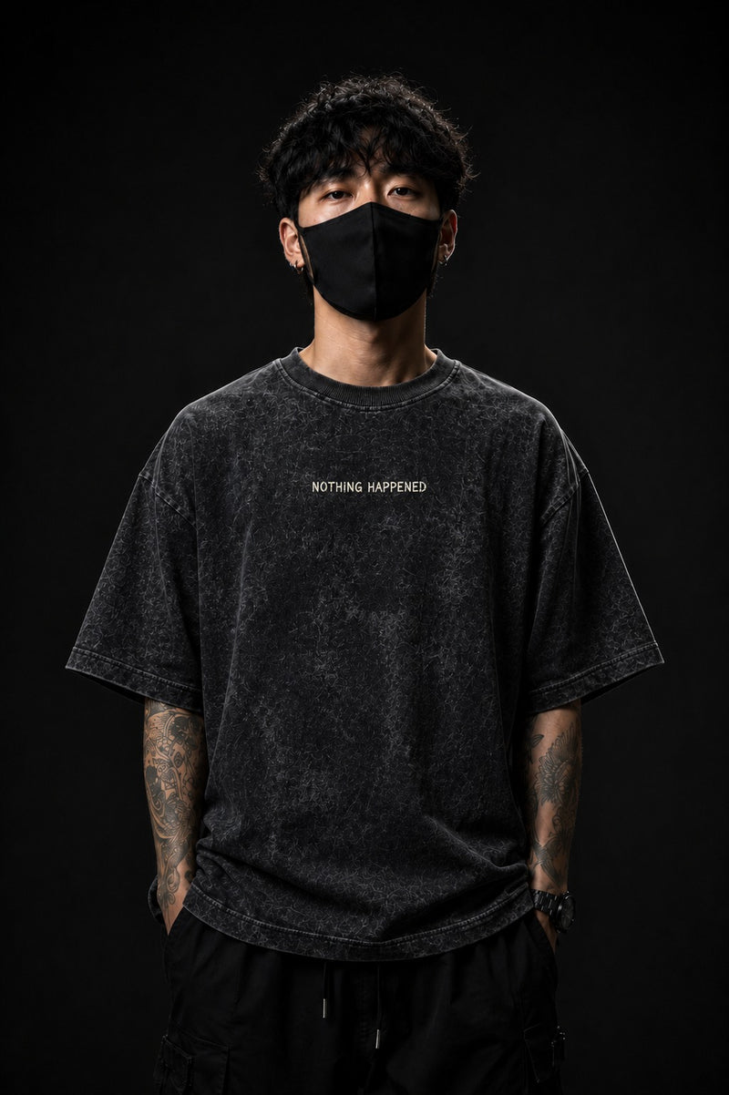 NOTHING HAPPENED - 240 GSM Black Crackle Acid-Wash Oversized Tee