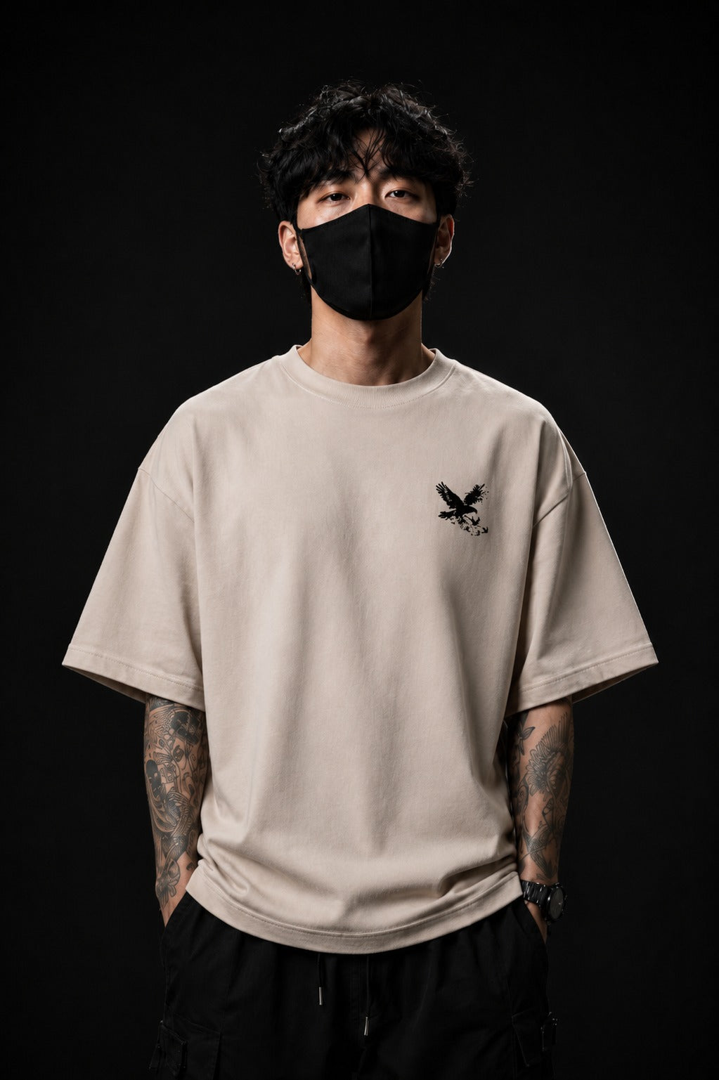 CROW DISSOLVE - 240 GSM Sand Beige Acid-Wash Oversized Tee