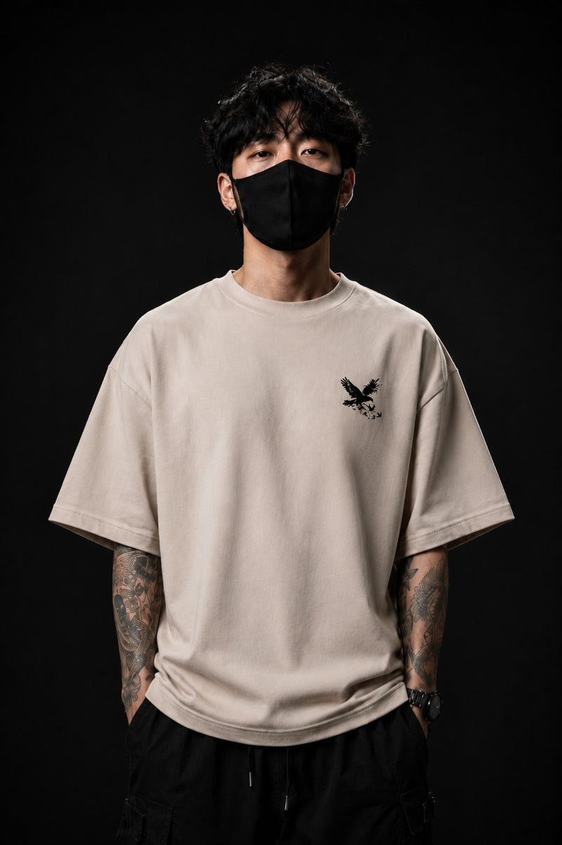 CROW DISSOLVE - 240 GSM Sand Beige Acid-Wash Oversized Tee